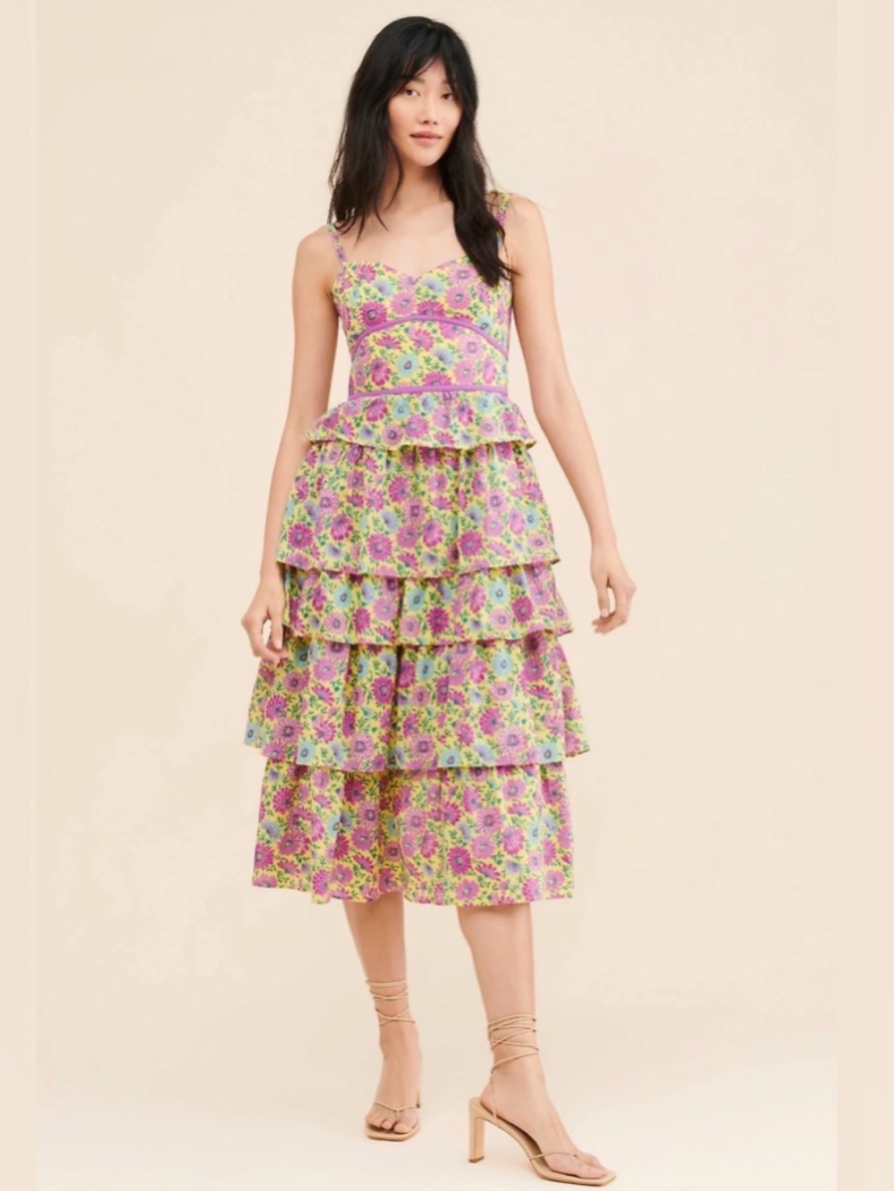Anthropologie Pink Floral Tiered Midi Dress with Green Accents